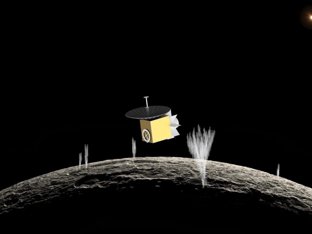 Artistic rendering of the spacecraft orbiting Enceladus
